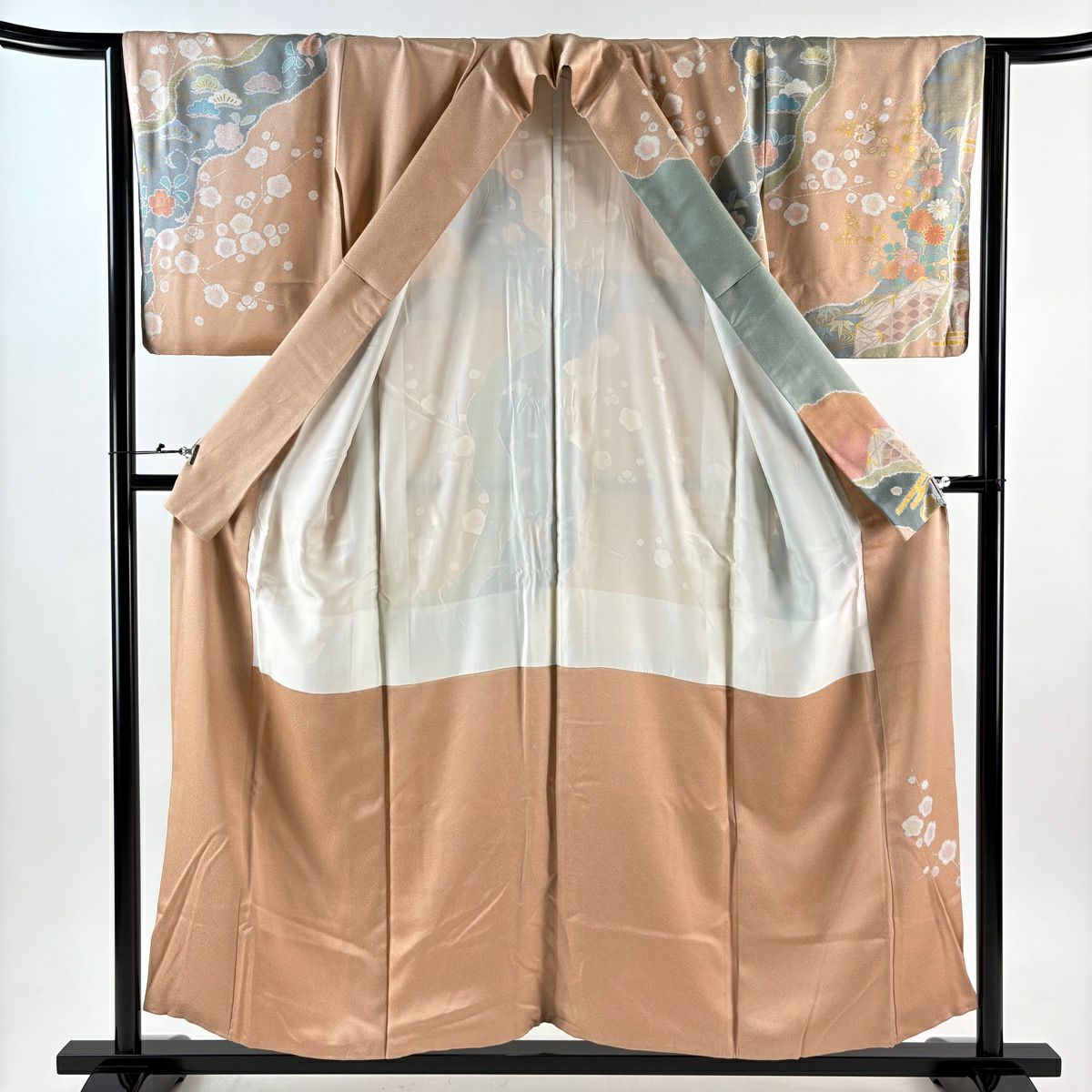 訪問服 身長156cm 袖長63cm S 雙層 附有落款 菊花花 薄霞 金絲 金銀彩 粉米色 純蠶絲 優品級