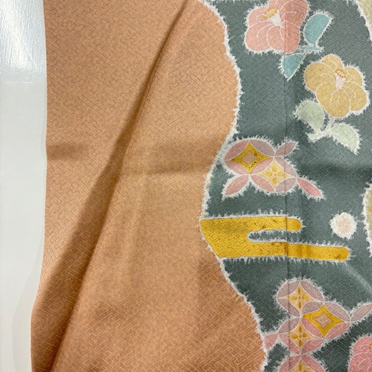 訪問服 身長156cm 袖長63cm S 雙層 附有落款 菊花花 薄霞 金絲 金銀彩 粉米色 純蠶絲 優品級