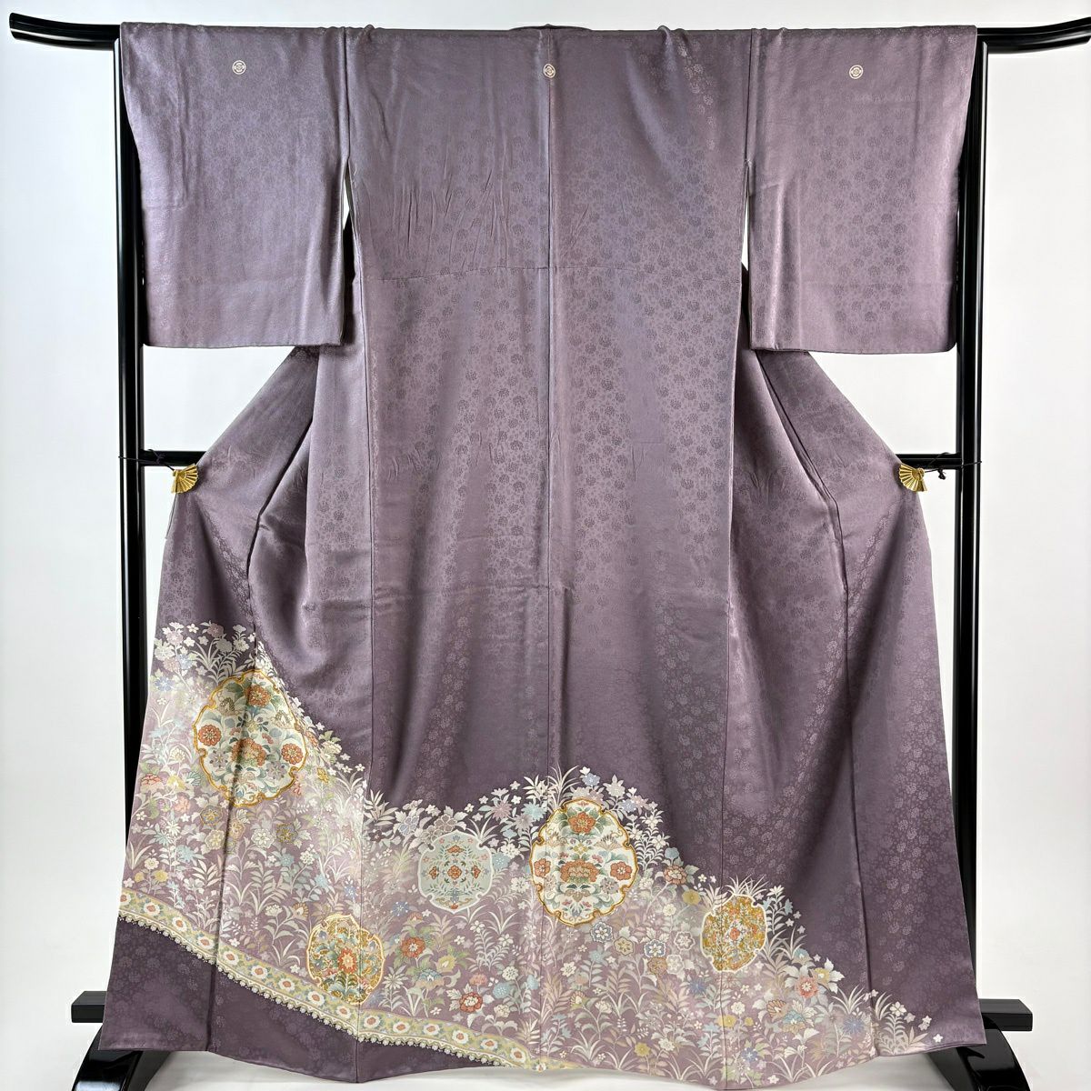 色留袖禮服 身長165cm 袖長66cm M 雙層 雪輪 草花紋 金絲 金銀彩 淺紫 純蠶絲 優品級 三つ紋