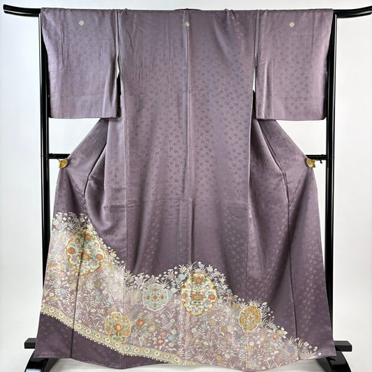 色留袖禮服 身長165cm 袖長66cm M 雙層 雪輪 草花紋 金絲 金銀彩 淺紫 純蠶絲 優品級 三つ紋