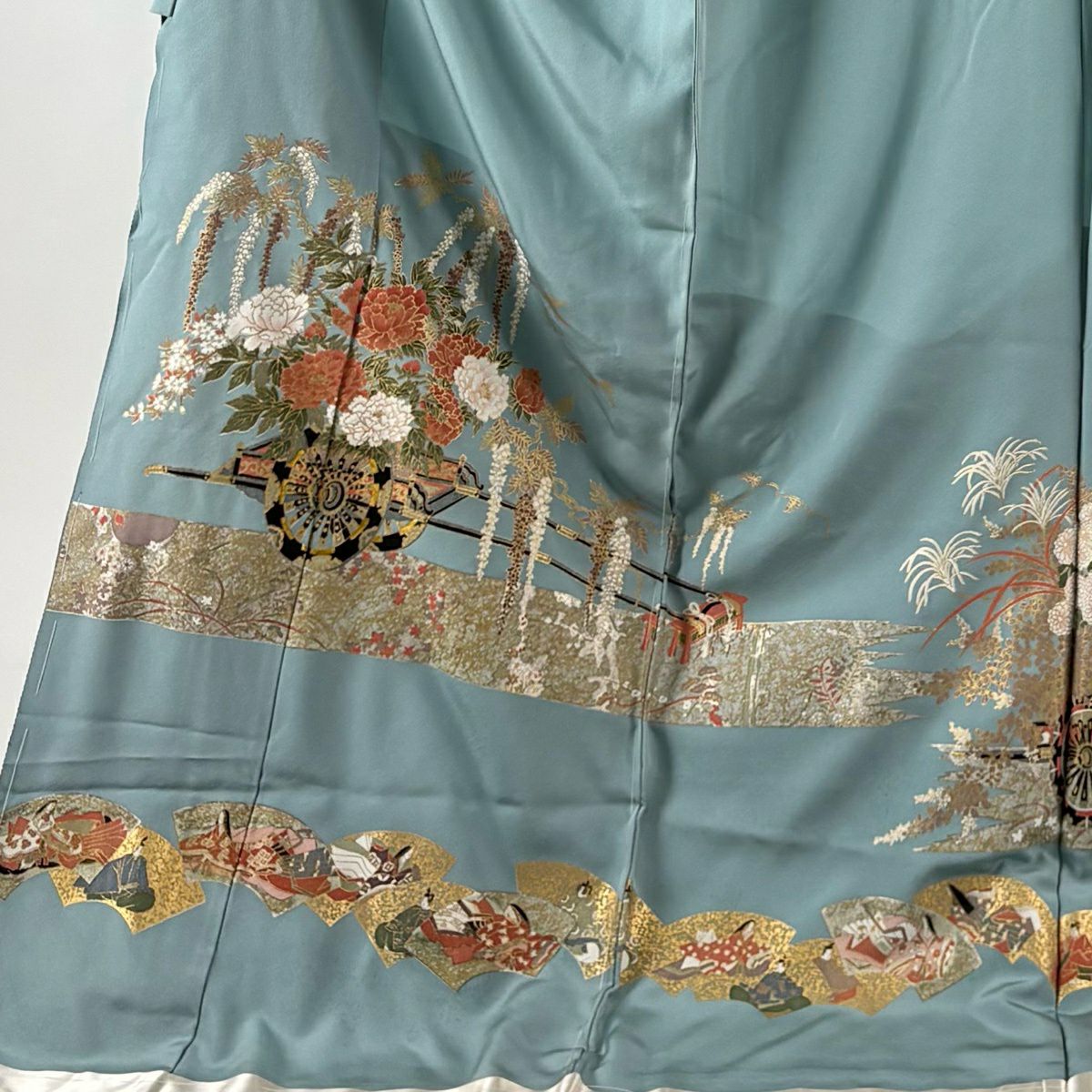 色留袖禮服 身長184cm 袖長70cm 未仕立 雜絵羽 落款 花車 扇子面 金銀彩 青灰 純蠶絲 秀品級