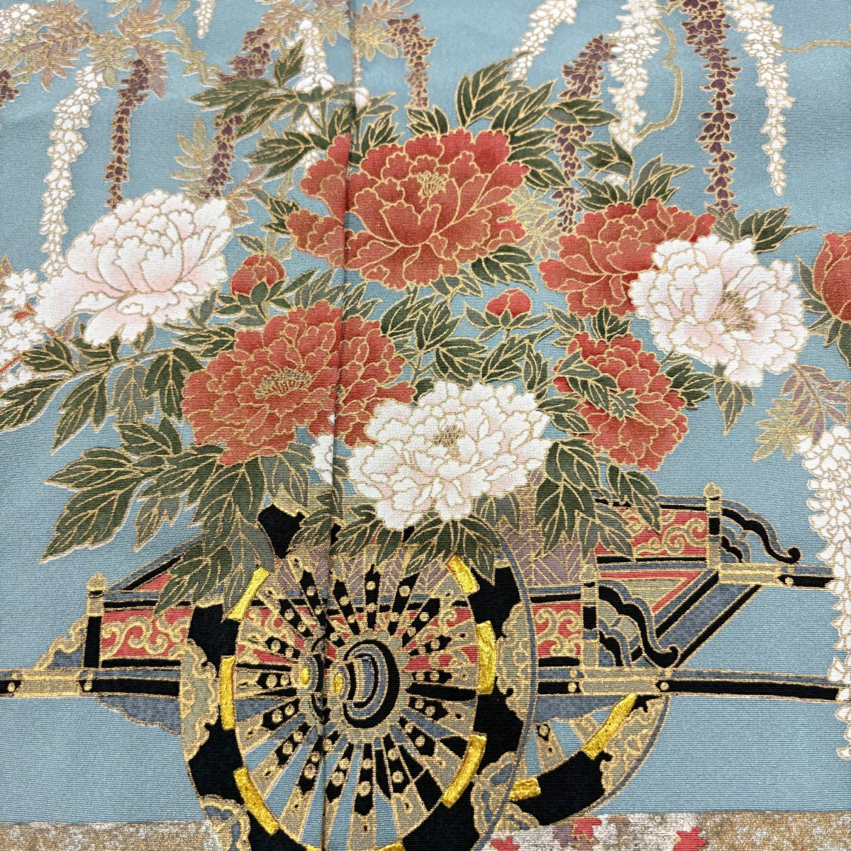 色留袖禮服 身長184cm 袖長70cm 未仕立 雜絵羽 落款 花車 扇子面 金銀彩 青灰 純蠶絲 秀品級
