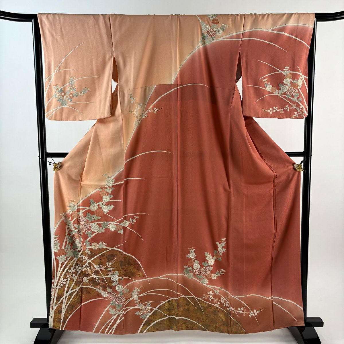 訪問服 身長163.5cm 袖長66cm M 雙層 菊花 萩 金絲 金銀彩 橙色 純蠶絲 優品級