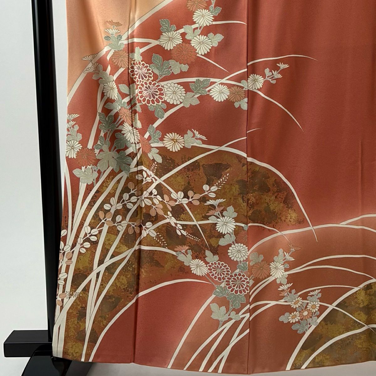 訪問服 身長163.5cm 袖長66cm M 雙層 菊花 萩 金絲 金銀彩 橙色 純蠶絲 優品級