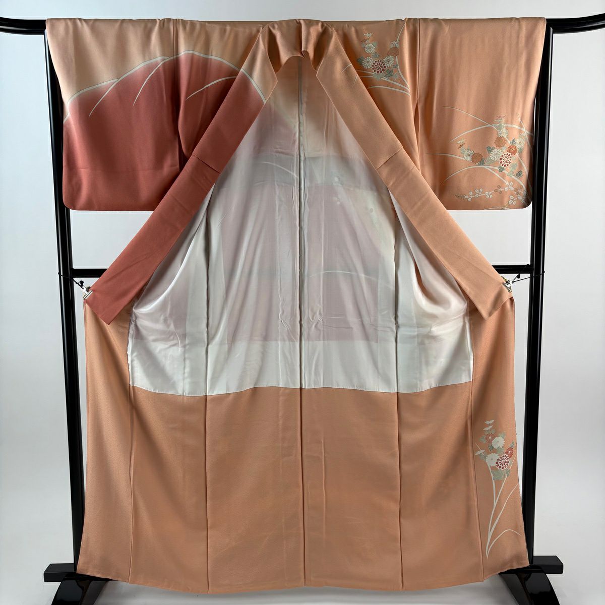 訪問服 身長163.5cm 袖長66cm M 雙層 菊花 萩 金絲 金銀彩 橙色 純蠶絲 優品級