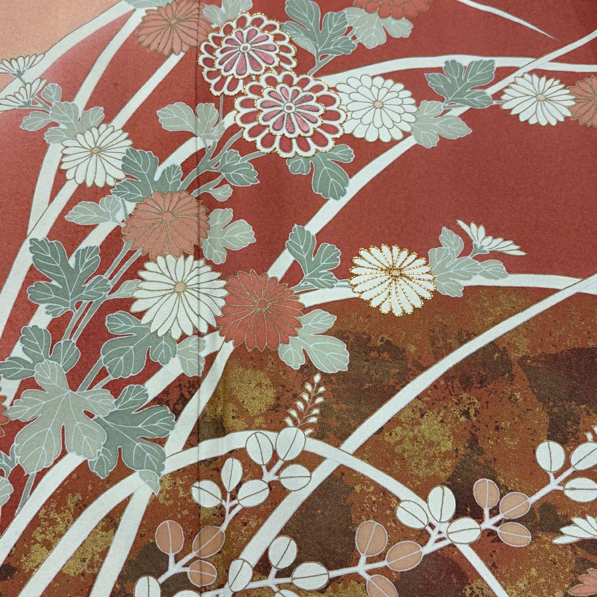 訪問服 身長163.5cm 袖長66cm M 雙層 菊花 萩 金絲 金銀彩 橙色 純蠶絲 優品級
