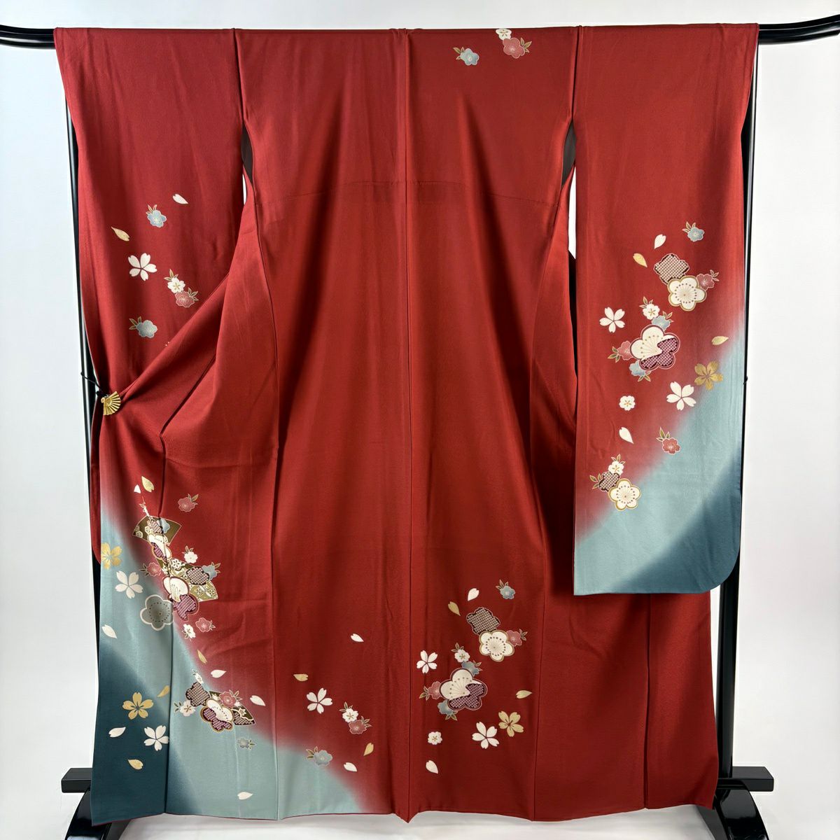 振袖禮服 身長167.5cm 袖長67cm M 雙層 梅花 櫻花 金金箔 金銀彩 深紅 純蠶絲 優品級