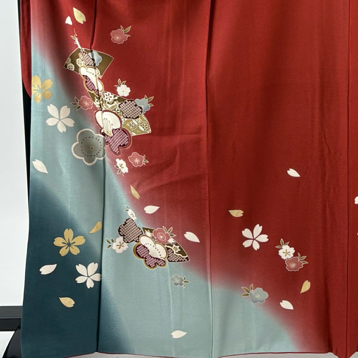振袖禮服 身長167.5cm 袖長67cm M 雙層 梅花 櫻花 金金箔 金銀彩 深紅 純蠶絲 優品級