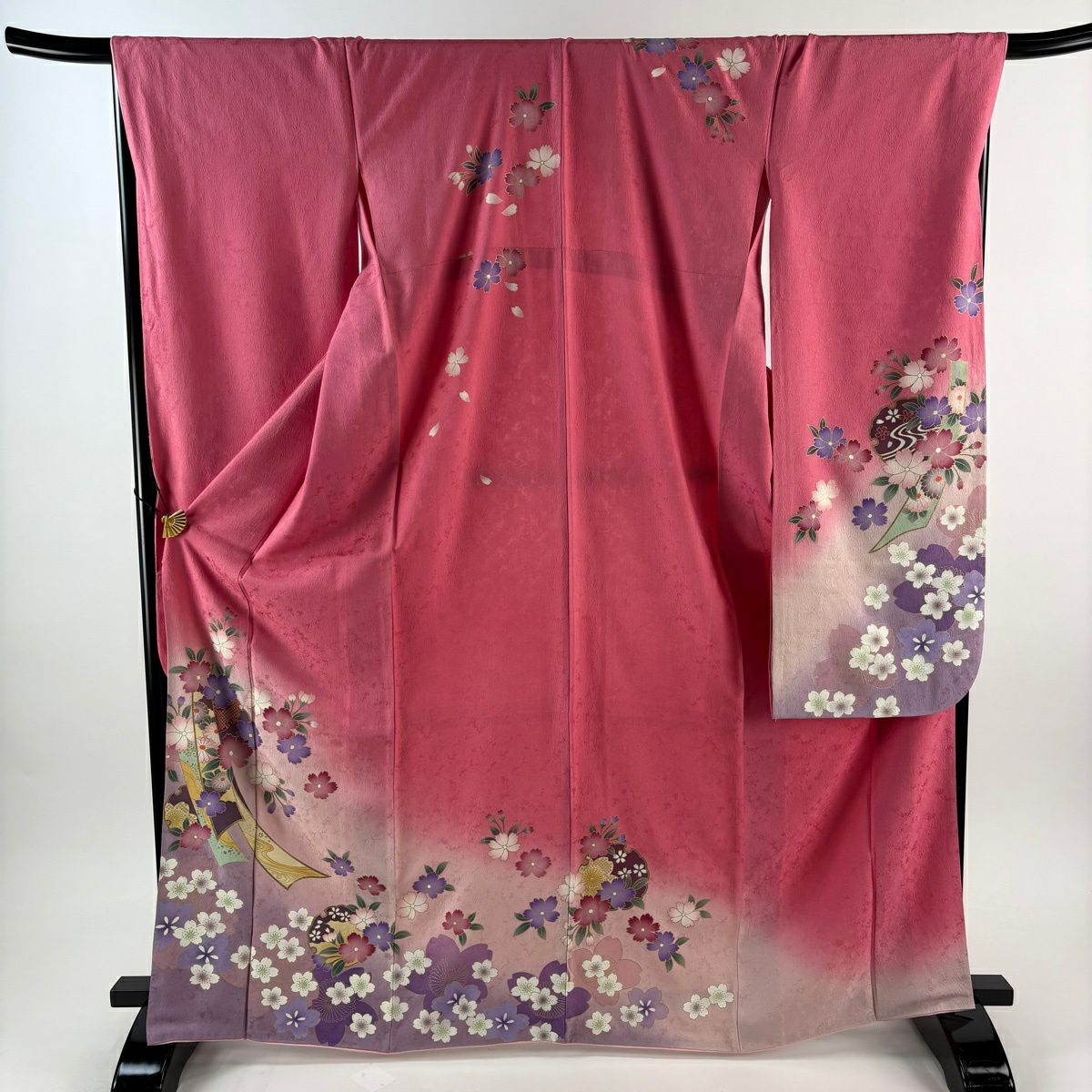 【美品】振袖禮服 身長168.5cm 袖長69cm L 雙層 櫻花 雪輪 金彩裝飾 染分 粉紅 純蠶絲 秀品級