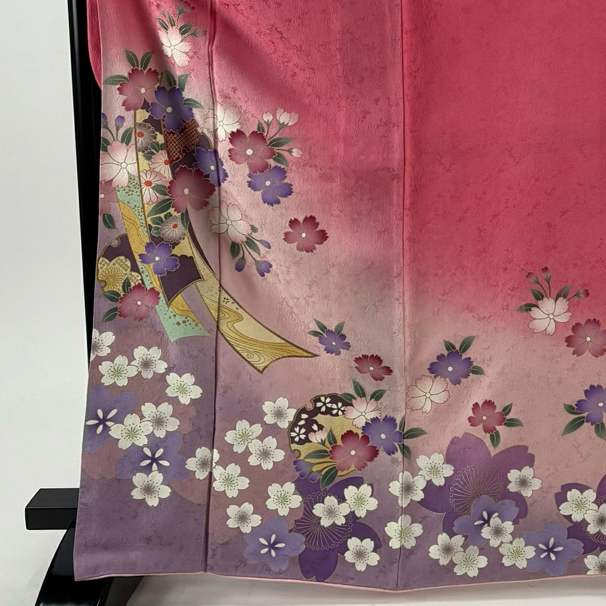 【美品】振袖禮服 身長168.5cm 袖長69cm L 雙層 櫻花 雪輪 金彩裝飾 染分 粉紅 純蠶絲 秀品級