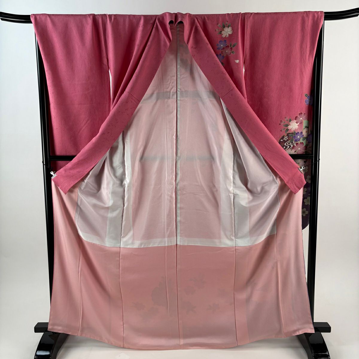 【美品】振袖禮服 身長168.5cm 袖長69cm L 雙層 櫻花 雪輪 金彩裝飾 染分 粉紅 純蠶絲 秀品級