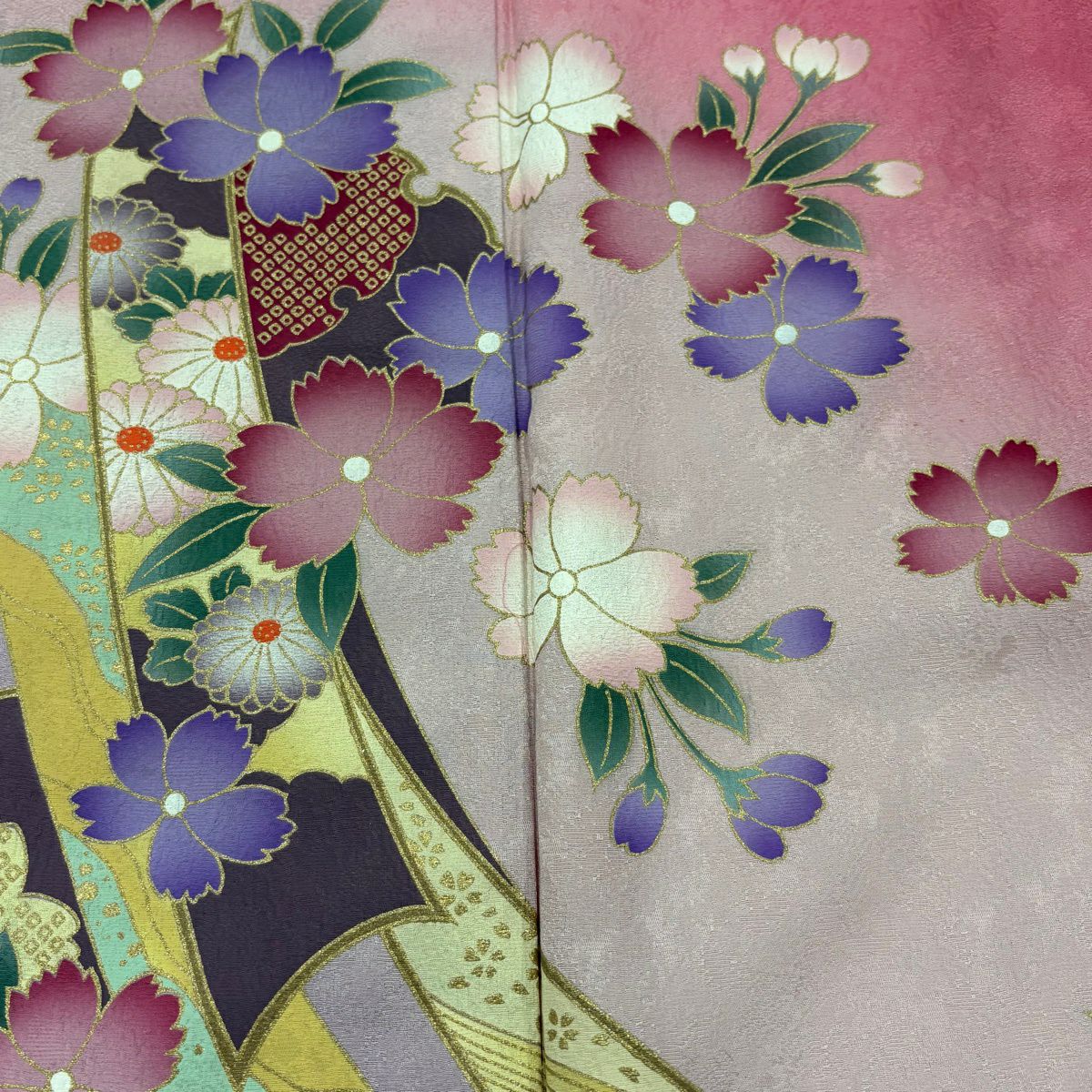 【美品】振袖禮服 身長168.5cm 袖長69cm L 雙層 櫻花 雪輪 金彩裝飾 染分 粉紅 純蠶絲 秀品級