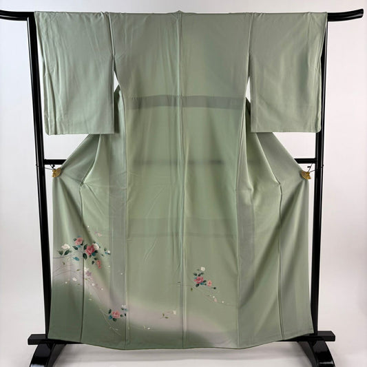付下 身長161.5cm 袖長65cm M 雙層 枝花 漸層 淺綠 純蠶絲 優品級