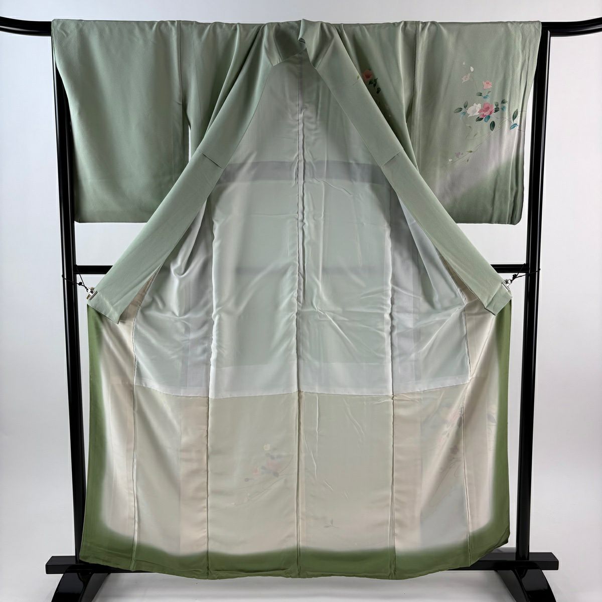 付下 身長161.5cm 袖長65cm M 雙層 枝花 漸層 淺綠 純蠶絲 優品級