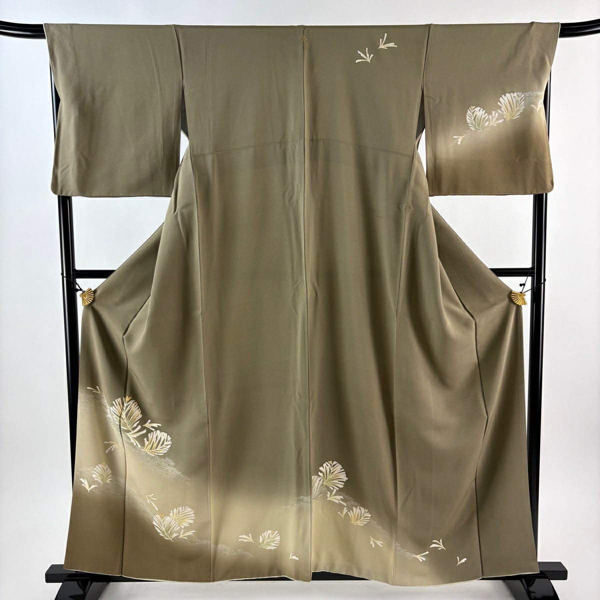 訪問服 身長160cm 袖長67cm M 雙層 若松樹 霞 金絲 金銀彩 茶綠 純蠶絲 秀品級 一つ紋