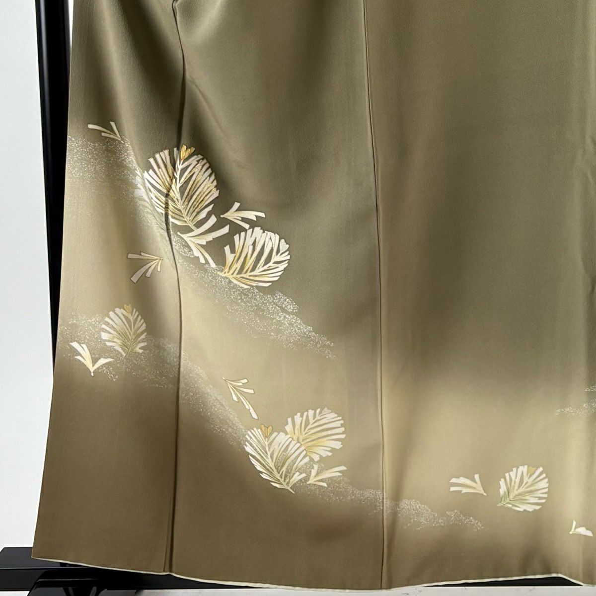 訪問服 身長160cm 袖長67cm M 雙層 若松樹 霞 金絲 金銀彩 茶綠 純蠶絲 秀品級 一つ紋