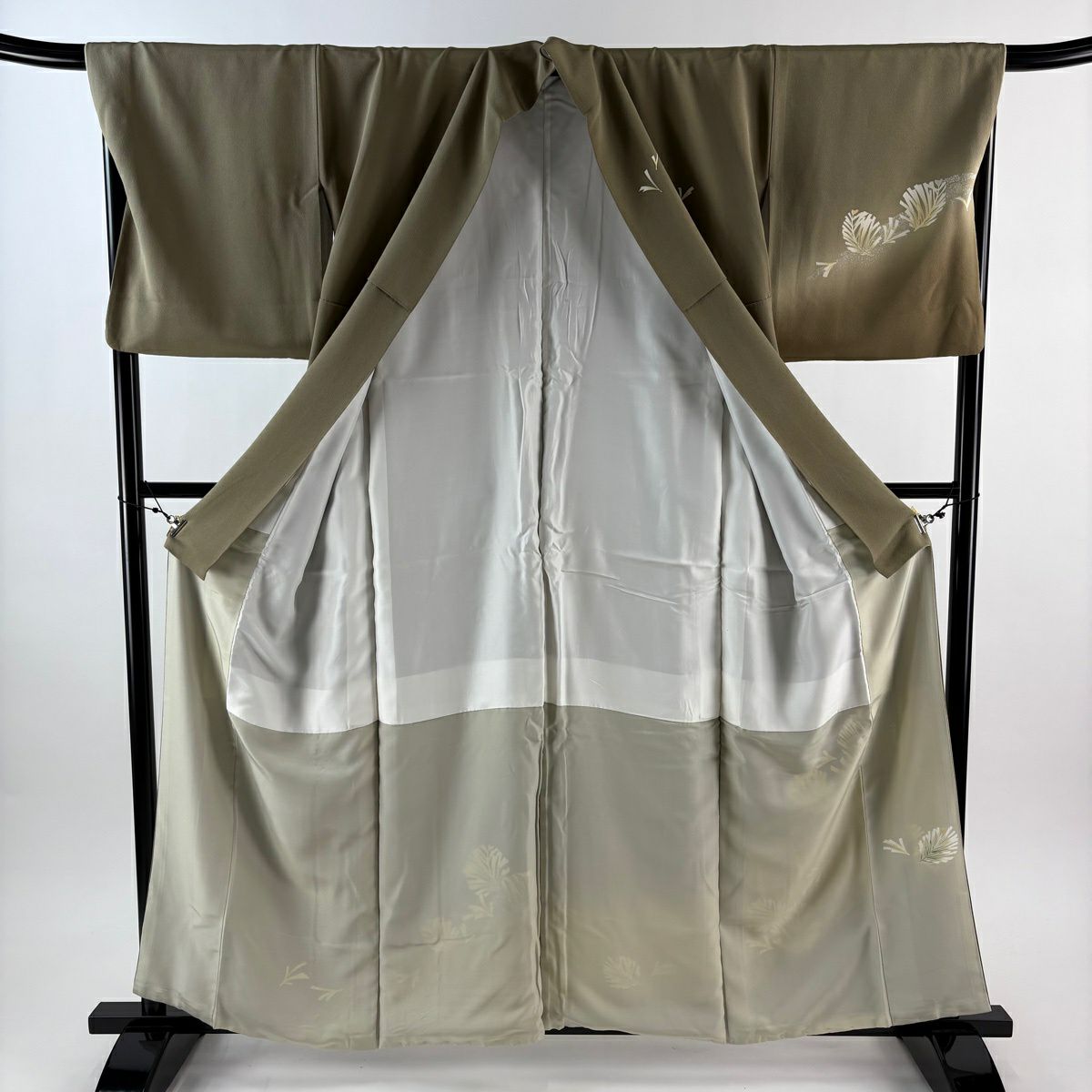 訪問服 身長160cm 袖長67cm M 雙層 若松樹 霞 金絲 金銀彩 茶綠 純蠶絲 秀品級 一つ紋