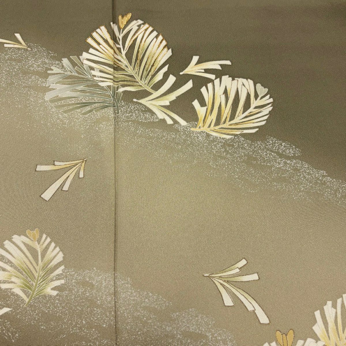訪問服 身長160cm 袖長67cm M 雙層 若松樹 霞 金絲 金銀彩 茶綠 純蠶絲 秀品級 一つ紋