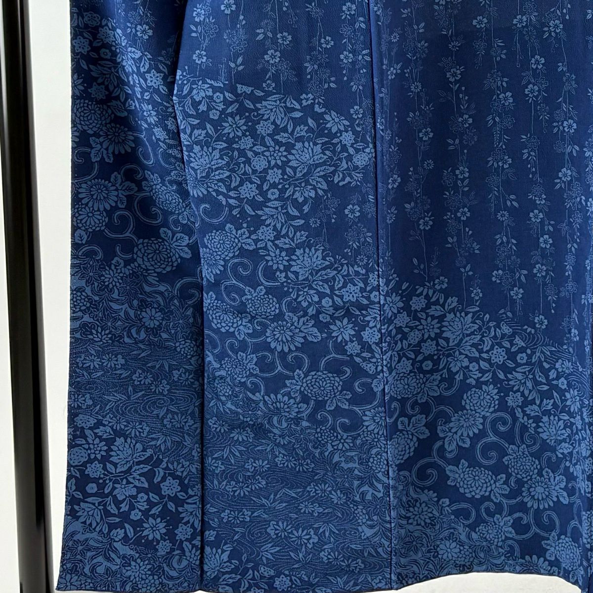 付下 身長153.5cm 袖長63.5cm S 雙層 菊花唐草紋 草花紋紋 絞織 深藍 純蠶絲 秀品級