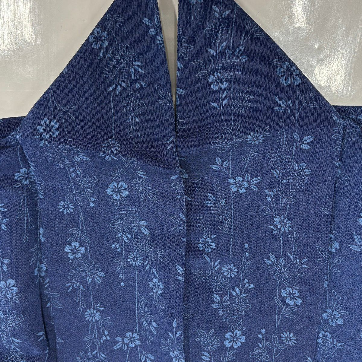 付下 身長153.5cm 袖長63.5cm S 雙層 菊花唐草紋 草花紋紋 絞織 深藍 純蠶絲 秀品級