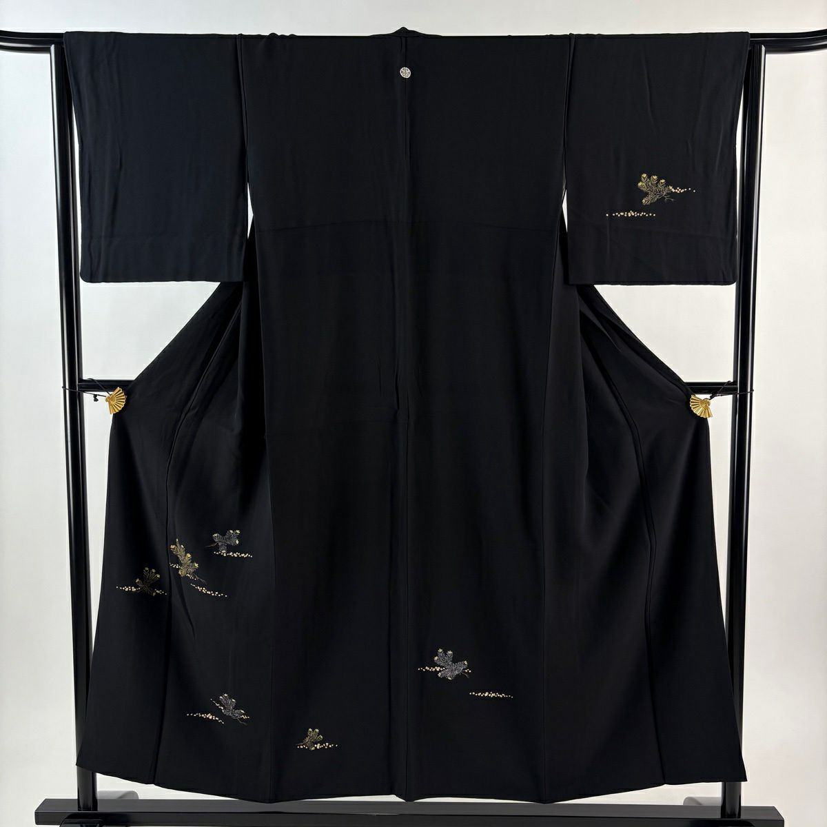 付下 身長154cm 袖長64cm M 雙層 松樹 金金箔散 金絲 金銀彩 黑 純蠶絲 優品級 一個紋