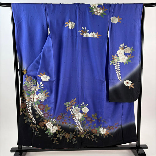 振袖禮服 身長157cm 袖長66.5cm M 雙層櫻花地紋金銀彩漸層青紫純蠶絲秀品級