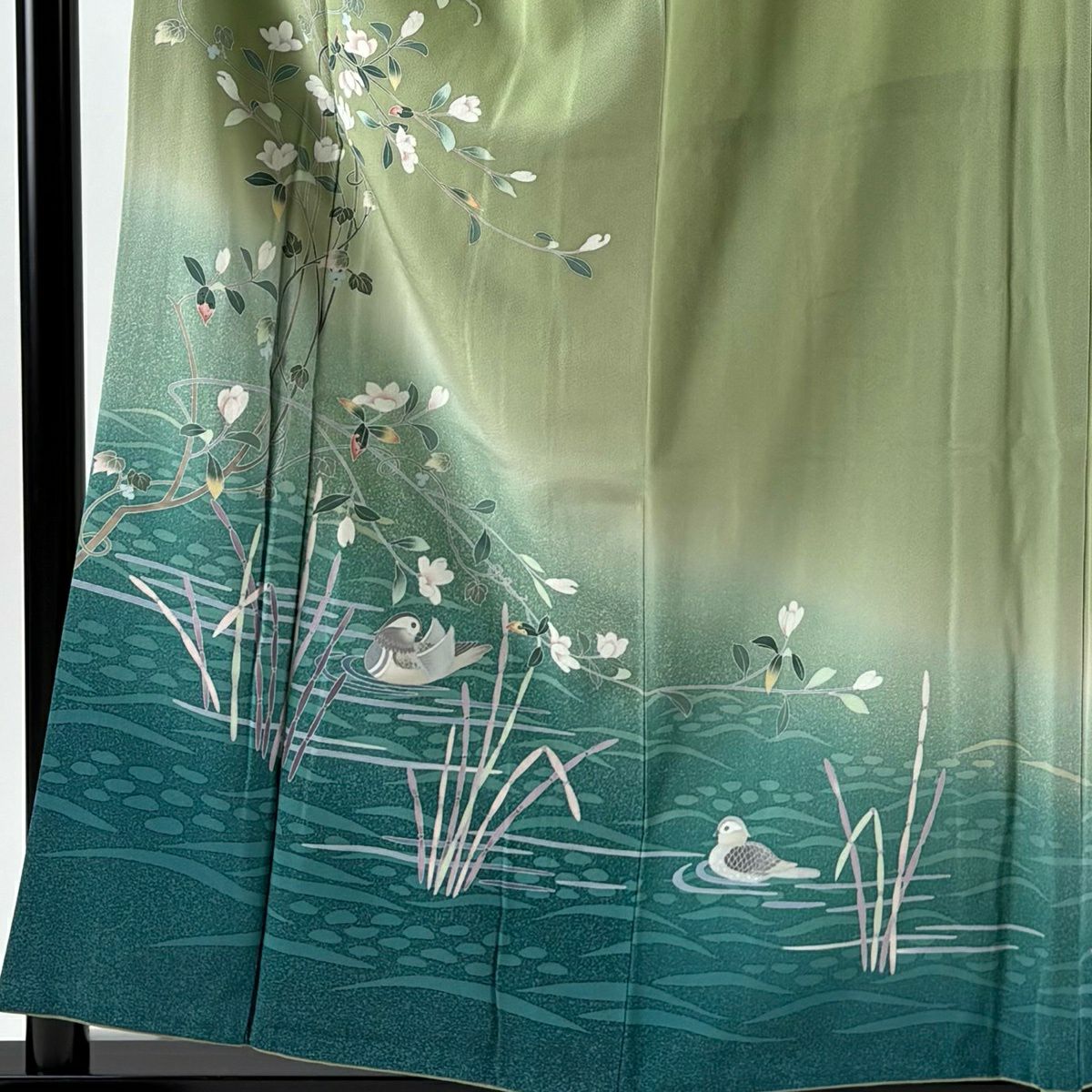 訪問服 身長157cm 袖長66cm M 雙層 落款 鴛鴦 枝花 染分 逐漸變色 抹茶 純蠶絲 秀品級