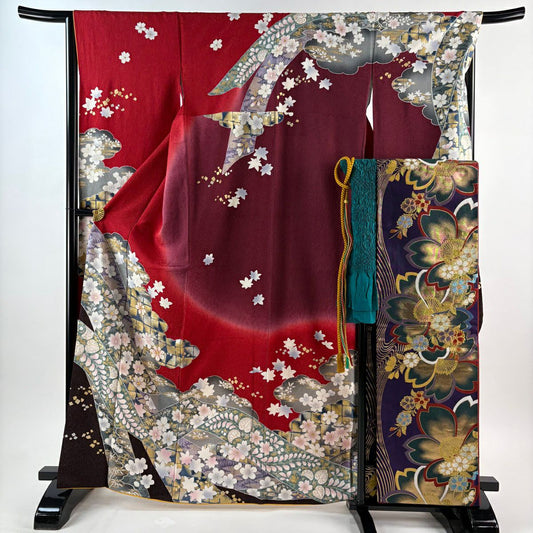 振袖禮服 身長165cm 袖長67cm M 雙層 袋帶全套 附落款 雲紋 櫻花 金絲 金通 紅 純蠶絲 名品級