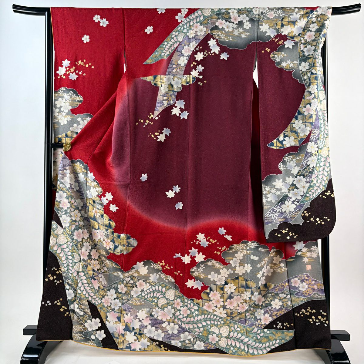 振袖禮服 身長165cm 袖長67cm M 雙層 袋帶全套 附落款 雲紋 櫻花 金絲 金通 紅 純蠶絲 名品級