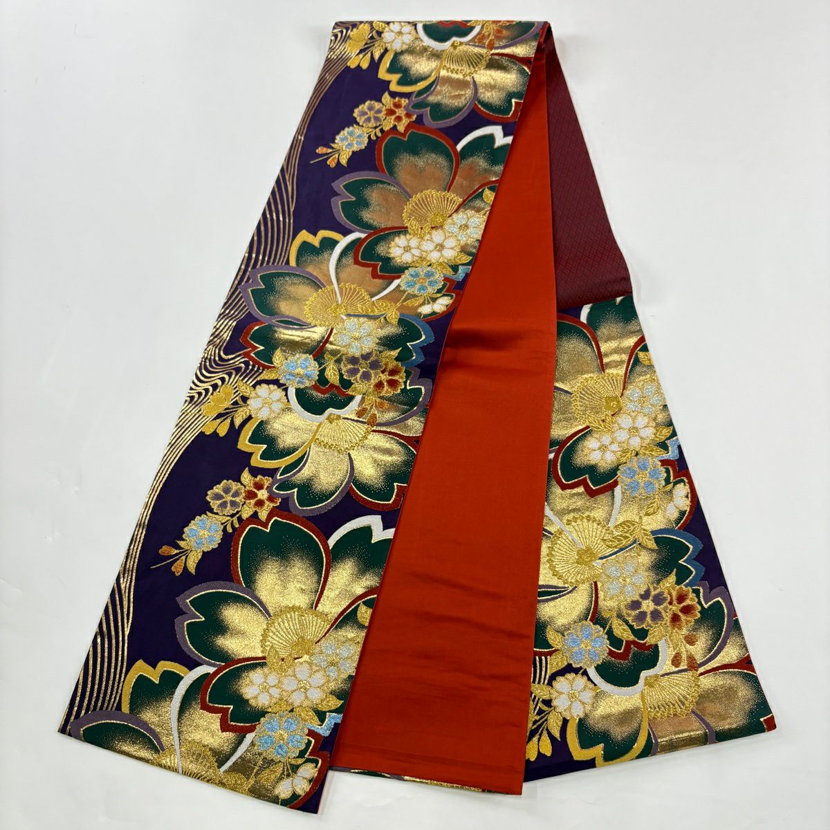 振袖禮服 身長165cm 袖長67cm M 雙層 袋帶全套 附落款 雲紋 櫻花 金絲 金通 紅 純蠶絲 名品級