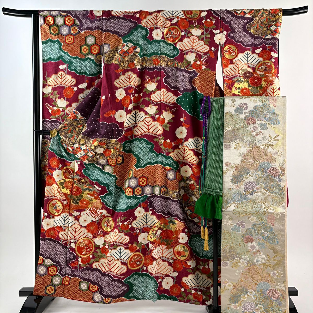 振袖禮服 身長161cm 袖長67cm M 雙層 袋帶全套 桧扇子 菊花花刺繡 金彩裝飾 紅紫 純蠶絲 名品級