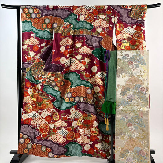振袖禮服 身長161cm 袖長67cm M 雙層 袋帶全套 桧扇子 菊花花刺繡 金彩裝飾 紅紫 純蠶絲 名品級
