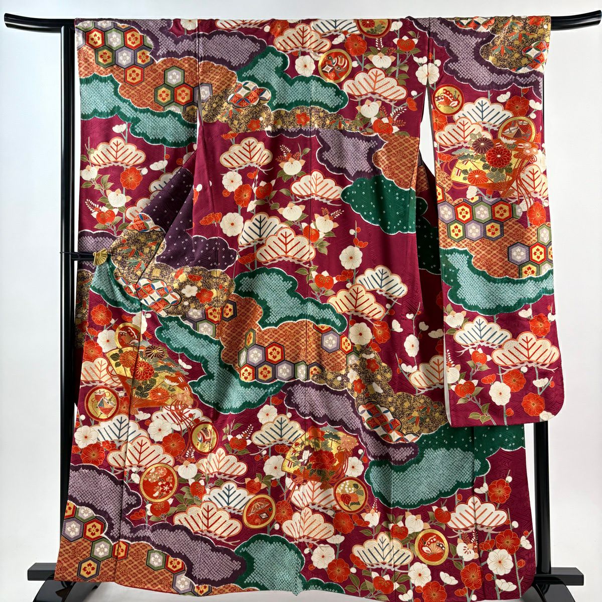 振袖禮服 身長161cm 袖長67cm M 雙層 袋帶全套 桧扇子 菊花花刺繡 金彩裝飾 紅紫 純蠶絲 名品級