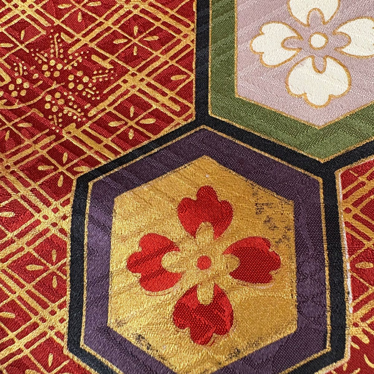 振袖禮服 身長161cm 袖長67cm M 雙層 袋帶全套 桧扇子 菊花花刺繡 金彩裝飾 紅紫 純蠶絲 名品級