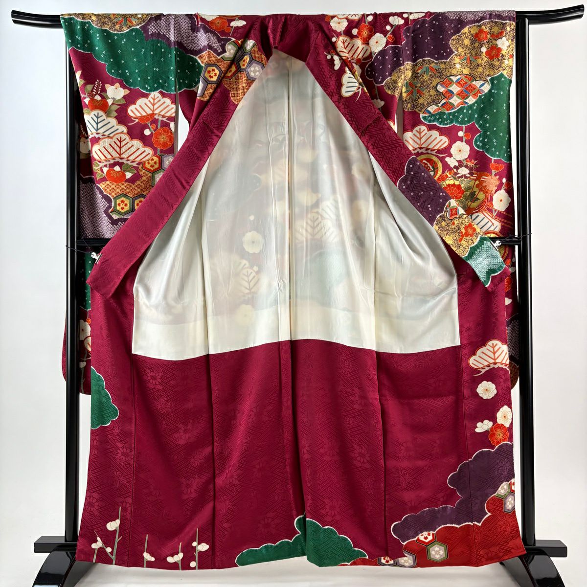 振袖禮服 身長161cm 袖長67cm M 雙層 袋帶全套 桧扇子 菊花花刺繡 金彩裝飾 紅紫 純蠶絲 名品級