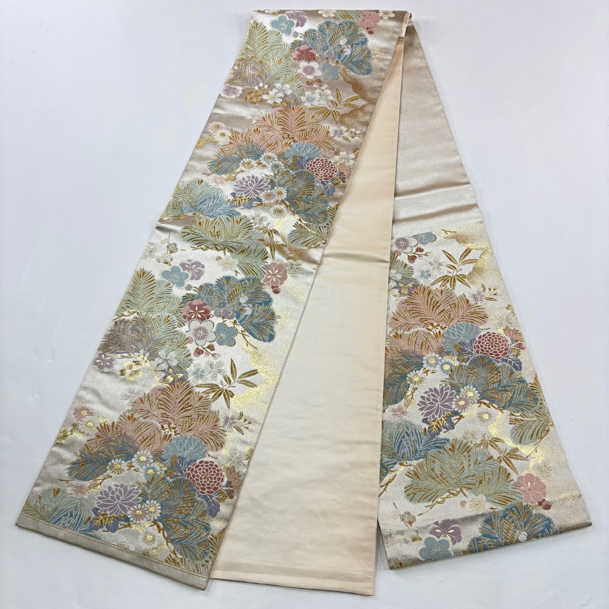 振袖禮服 身長161cm 袖長67cm M 雙層 袋帶全套 桧扇子 菊花花刺繡 金彩裝飾 紅紫 純蠶絲 名品級