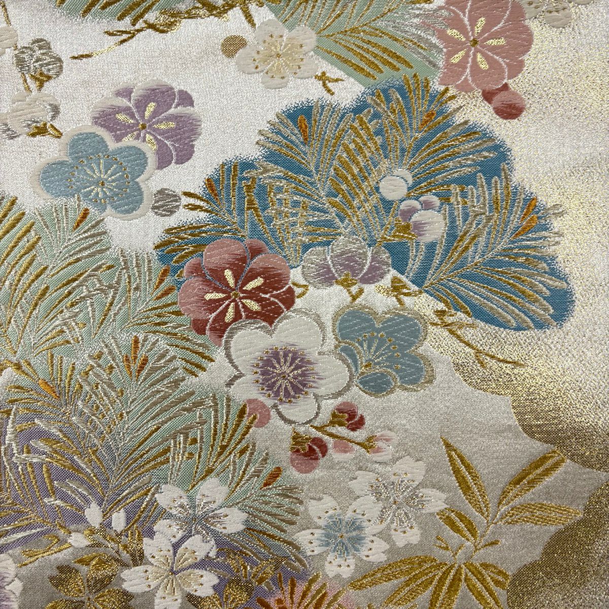 振袖禮服 身長161cm 袖長67cm M 雙層 袋帶全套 桧扇子 菊花花刺繡 金彩裝飾 紅紫 純蠶絲 名品級