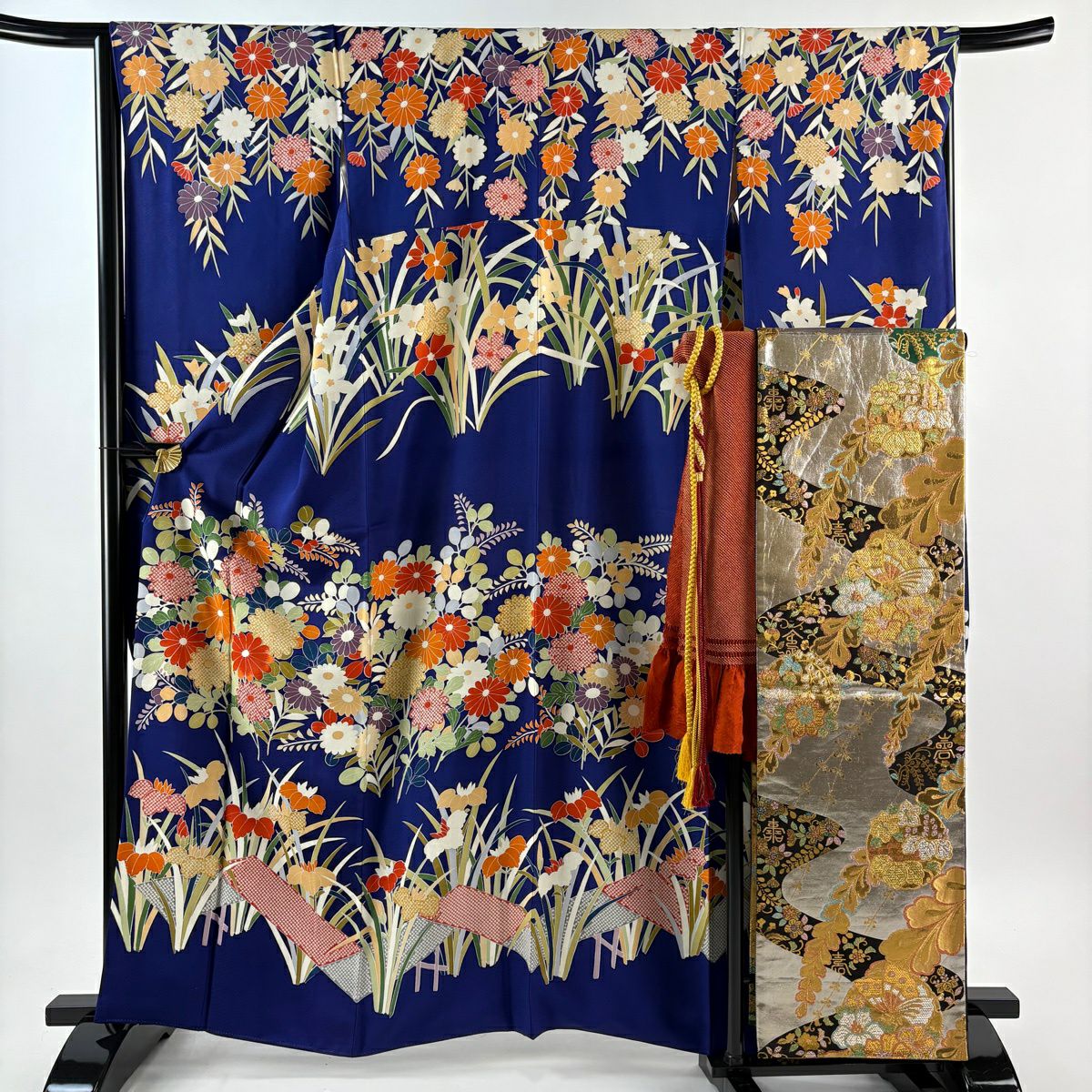 振袖禮服 身長161cm 袖長66.5cm M 雙層 袋帶全套 菊花 八ツ橋 刺繡 青紫 純蠶絲 名品級