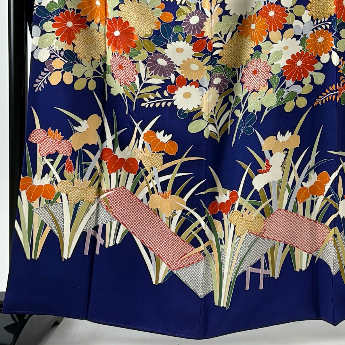 振袖禮服 身長161cm 袖長66.5cm M 雙層 袋帶全套 菊花 八ツ橋 刺繡 青紫 純蠶絲 名品級