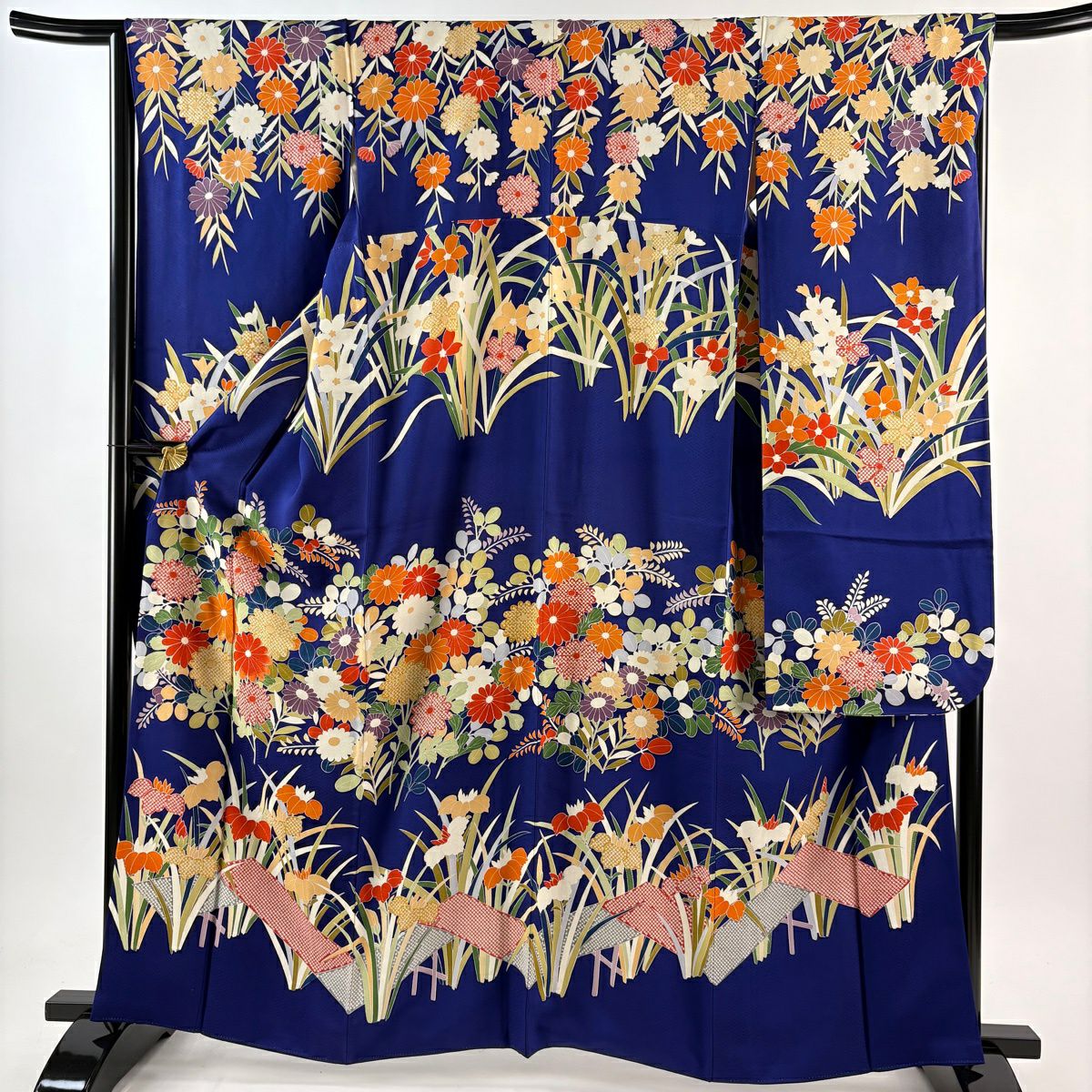 振袖禮服 身長161cm 袖長66.5cm M 雙層 袋帶全套 菊花 八ツ橋 刺繡 青紫 純蠶絲 名品級