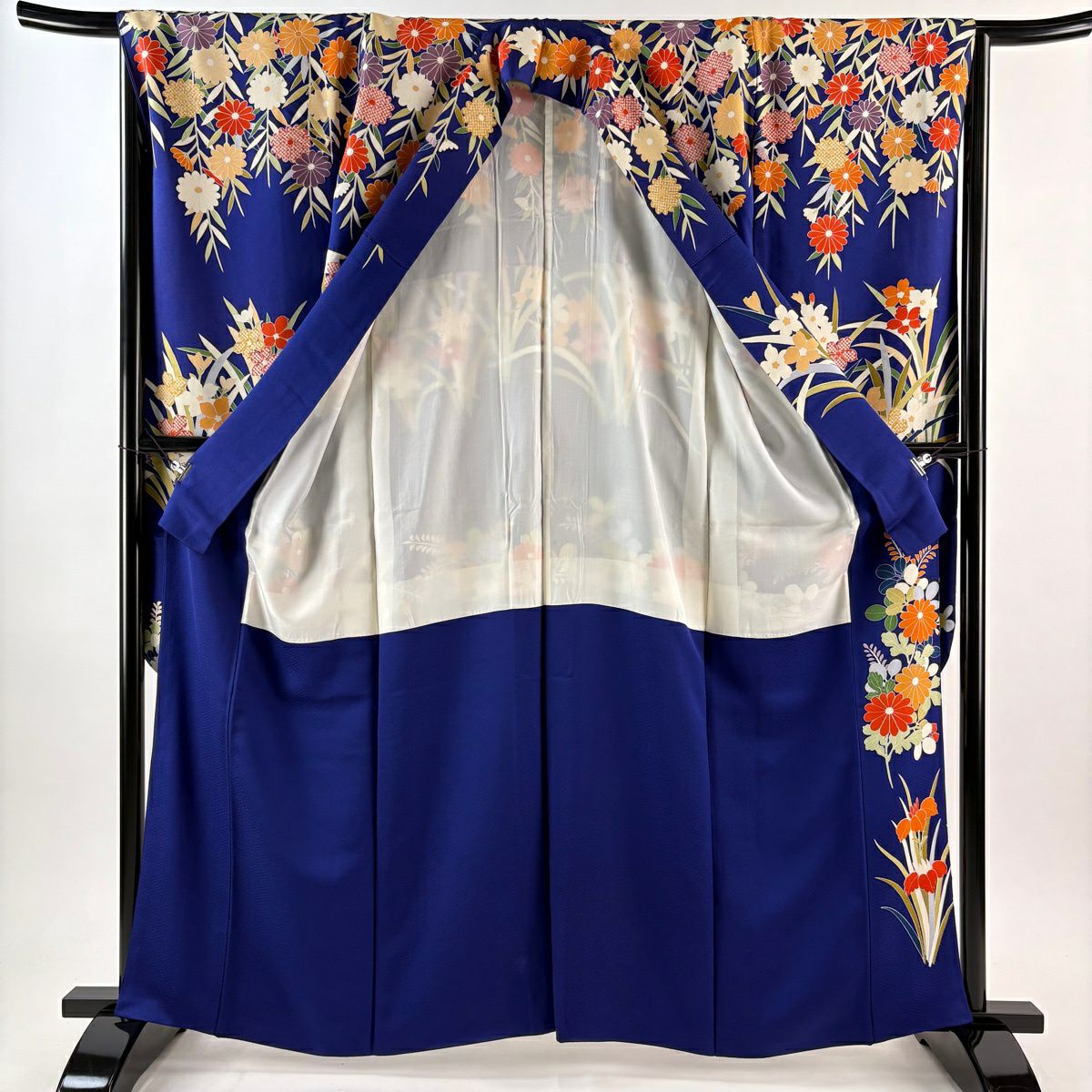 振袖禮服 身長161cm 袖長66.5cm M 雙層 袋帶全套 菊花 八ツ橋 刺繡 青紫 純蠶絲 名品級