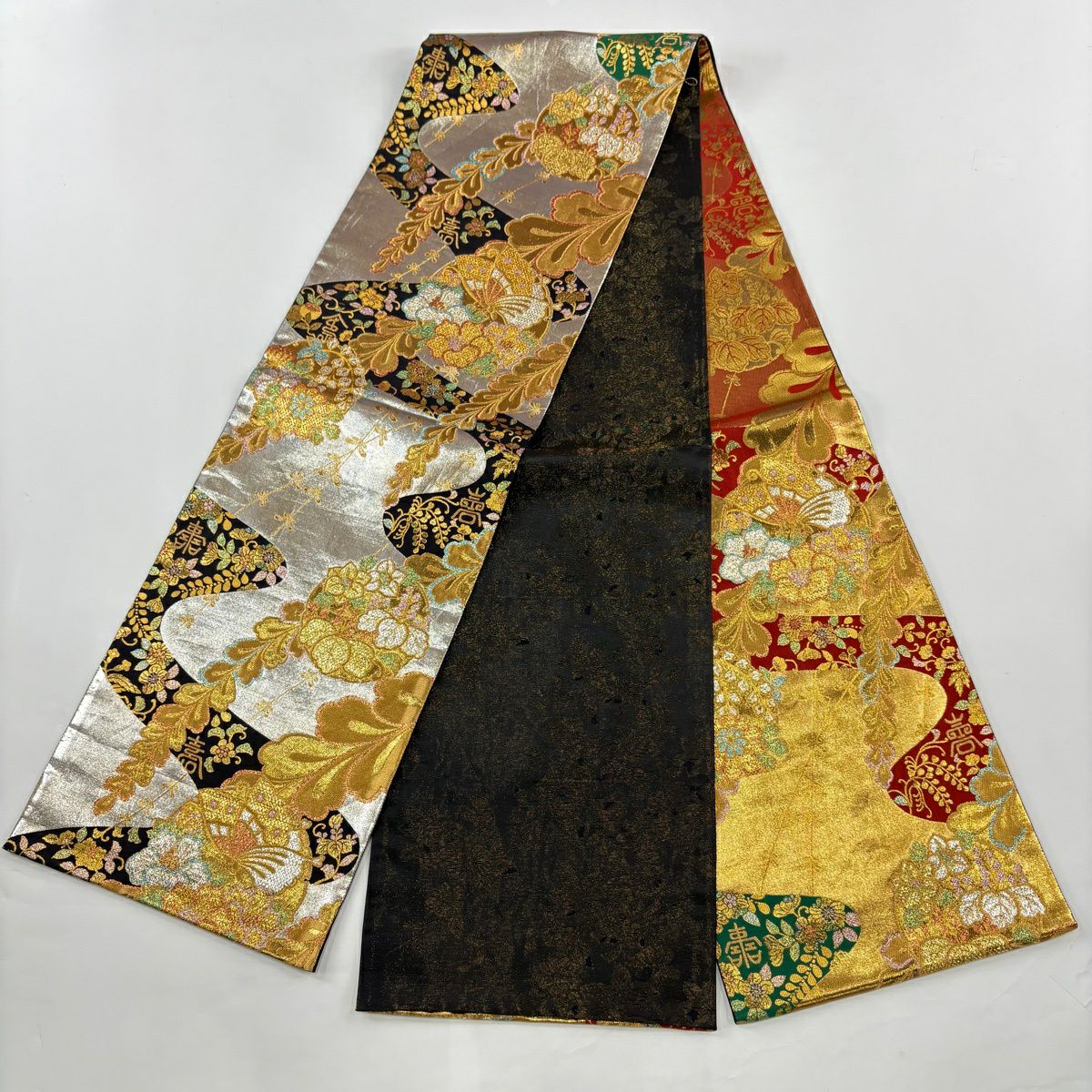 振袖禮服 身長161cm 袖長66.5cm M 雙層 袋帶全套 菊花 八ツ橋 刺繡 青紫 純蠶絲 名品級