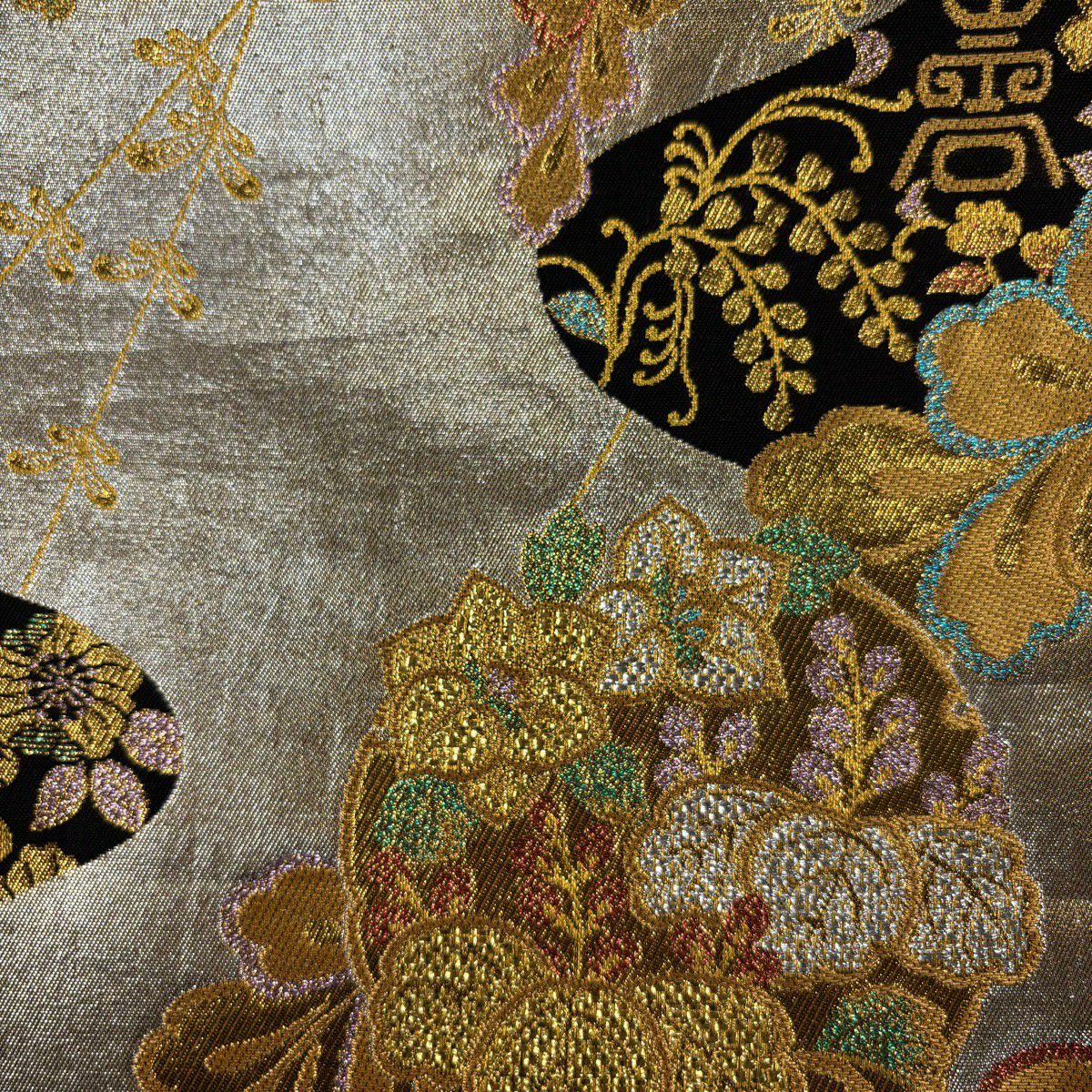 振袖禮服 身長161cm 袖長66.5cm M 雙層 袋帶全套 菊花 八ツ橋 刺繡 青紫 純蠶絲 名品級