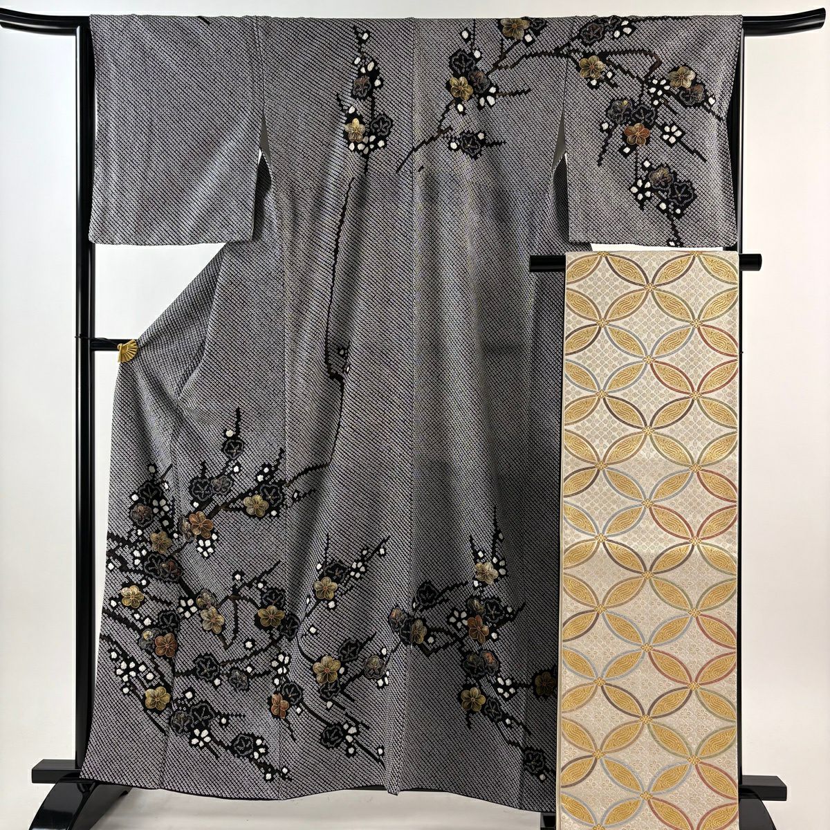 【美品】訪問服 身長160.5cm 袖長65.5cm M 雙層 袋帶套裝 枝梅花 金銀彩 總絞染 黑 純蠶絲 名品級