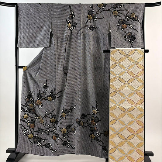 【美品】訪問服 身長160.5cm 袖長65.5cm M 雙層 袋帶套裝 枝梅花 金銀彩 總絞染 黑 純蠶絲 名品級