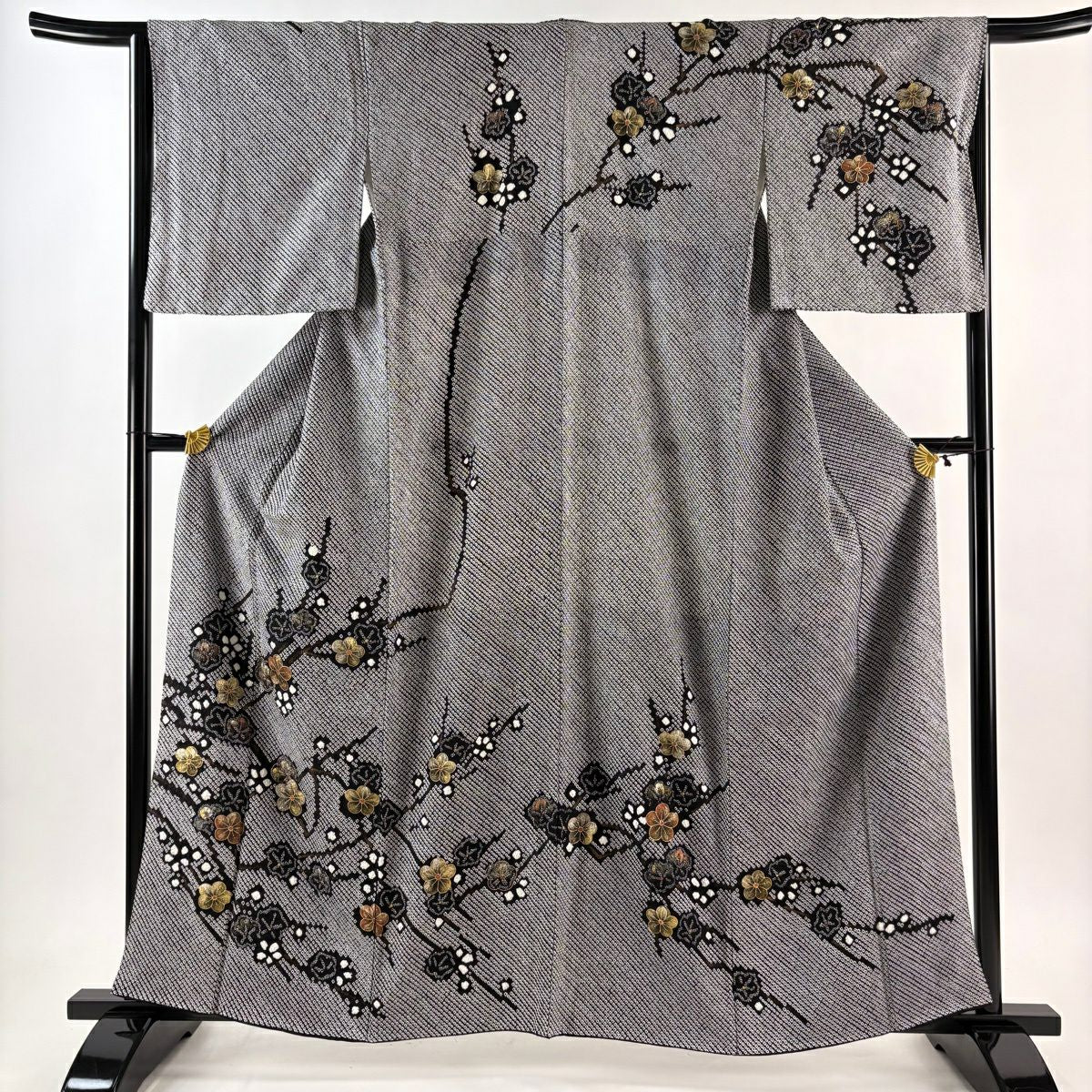 【美品】訪問服 身長160.5cm 袖長65.5cm M 雙層 袋帶套裝 枝梅花 金銀彩 總絞染 黑 純蠶絲 名品級