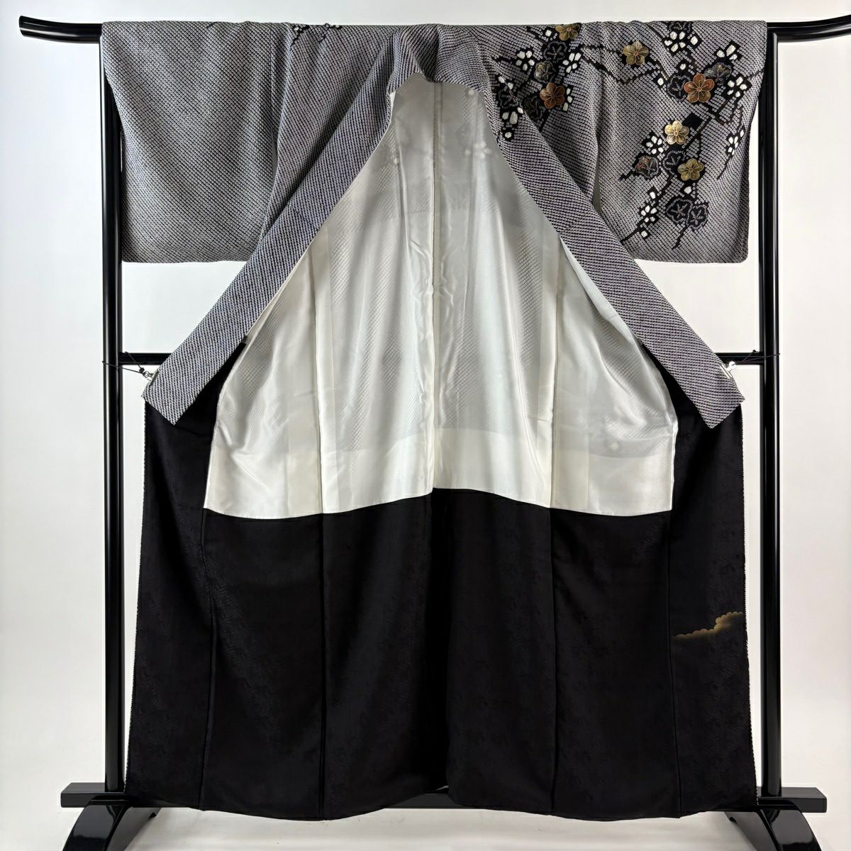 【美品】訪問服 身長160.5cm 袖長65.5cm M 雙層 袋帶套裝 枝梅花 金銀彩 總絞染 黑 純蠶絲 名品級