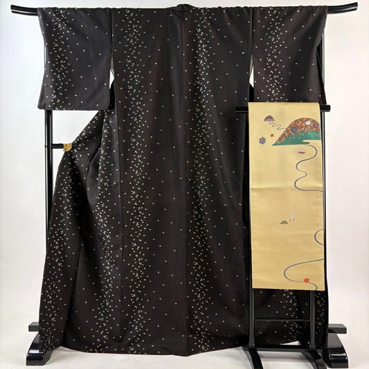 【美品】 小紋 身長169cm 袖長70cm L 雙層 名古屋帶套裝 櫻花花瓣 金金箔 墨色 純蠶絲 名品級