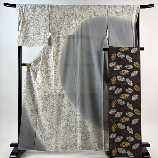 【美品】訪問服 身長163cm 袖長68cm L 雙層 落款あり 葉與果 縱條 灰白 純蠶絲 秀品級