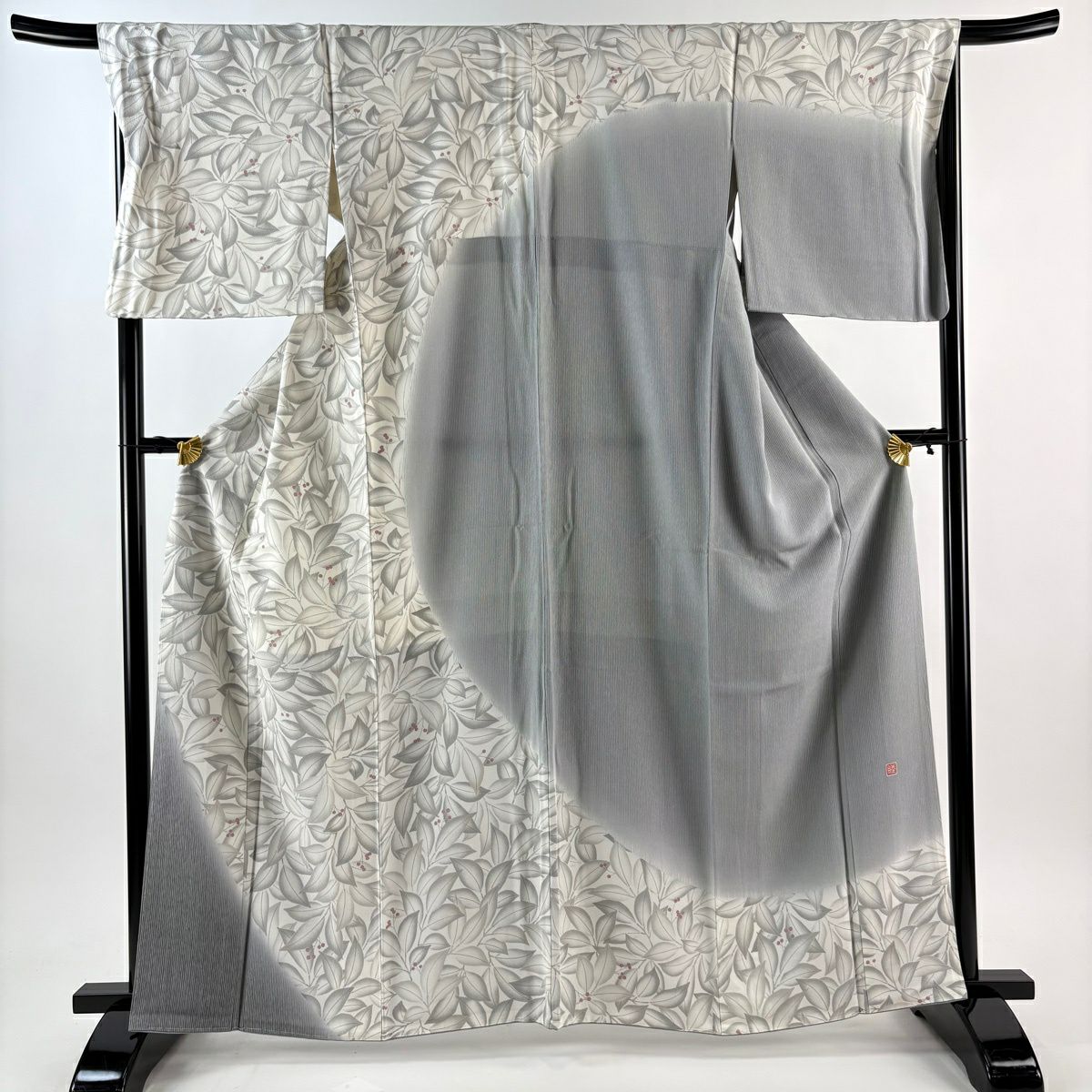 【美品】訪問服 身長163cm 袖長68cm L 雙層 落款あり 葉與果 縱條 灰白 純蠶絲 秀品級